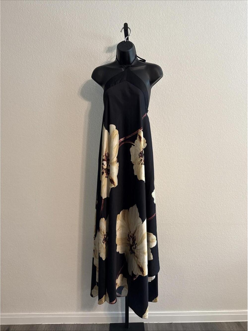(FLAW) Misa Los Angeles Women's Red Floral Self-Tie Straps A-Line Dress - sz MED